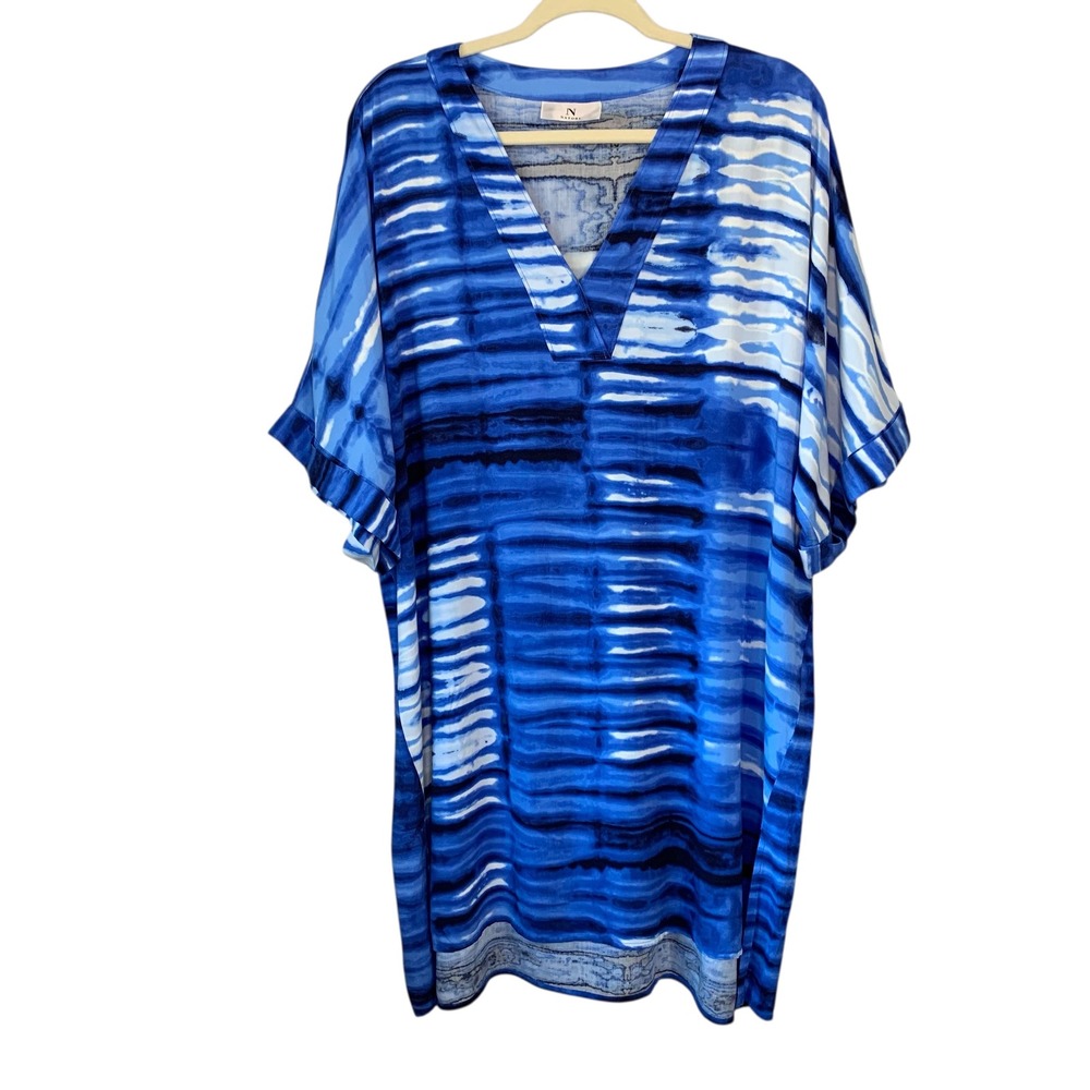 Natori Cover-Up Tunic Dress Blue‎ White Striped V-Neck Short Sleeve L